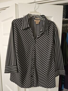 Notations Black and White Striped Button-Front Blouse